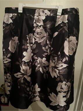 IMAN Black Satin A-Line Skirt with White Floral Print